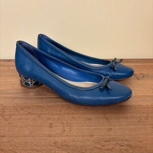 CHRISTIAN DIOR Leather Bow Cannage Heel Pumps Blue‎ Women Size 37 Slip-On Luxury